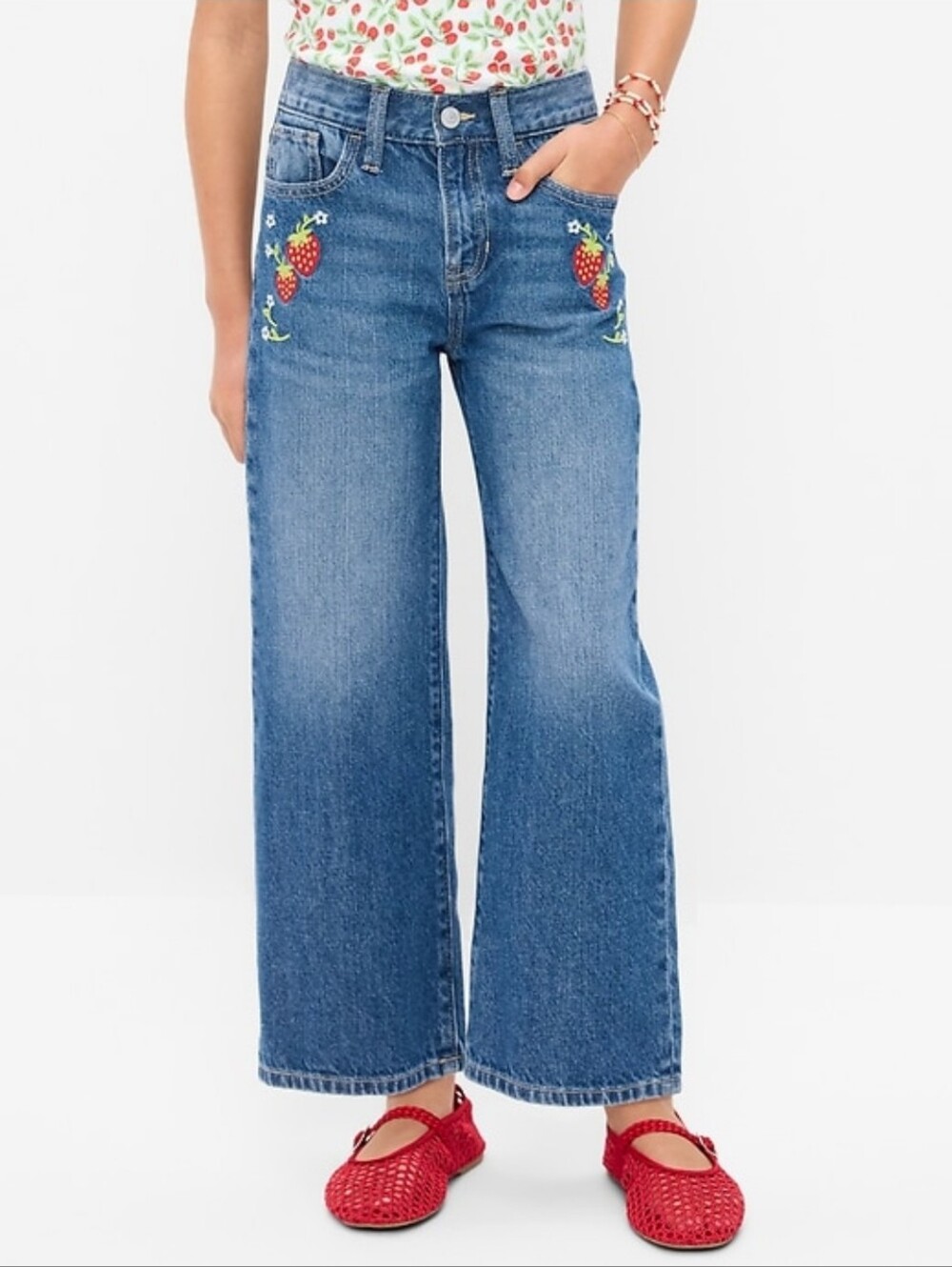 NWT Old Navy Girls Plus High Rise Baggy Wide Leg Strawberry Embroidery Jeans